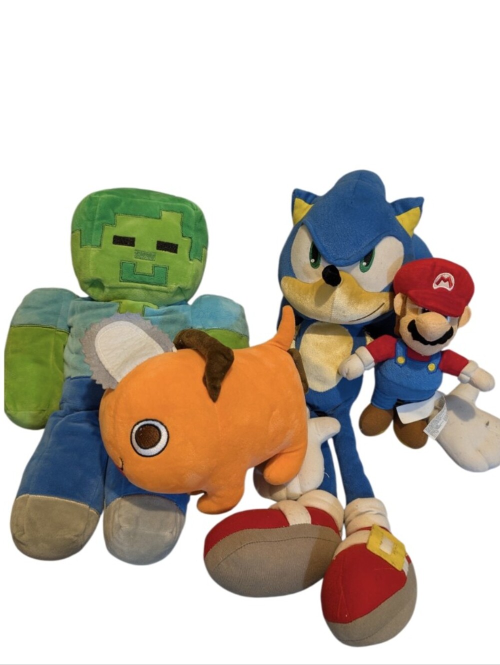 Character Plush Lot - Mario, Sonic, Minecraft Zombie, Chainsaw Man Pochita